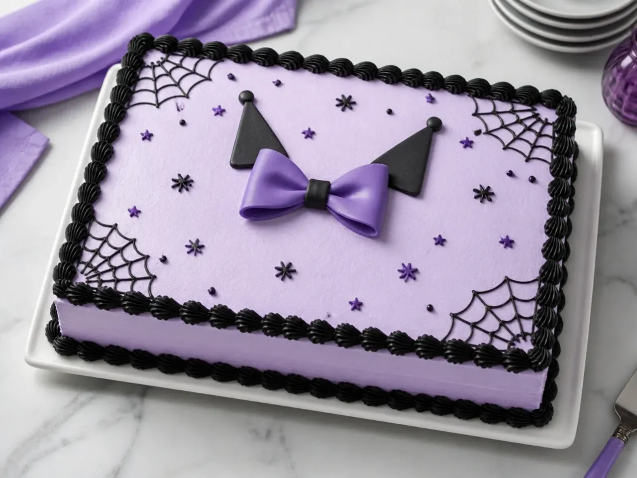 Easy Kuromi cake sheet cake with lilac buttercream and piped black shell border
