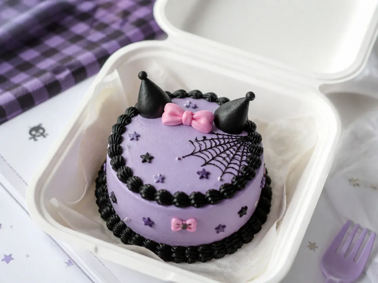 Mini Kuromi-inspired bento cake with lilac frosting and black piped border in a takeaway box