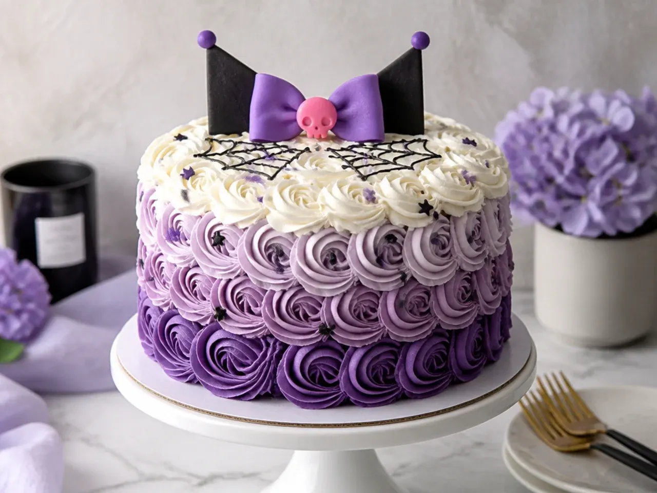 Easy Kuromi-themed ombre rosette cake piped in violet, lilac and white buttercream