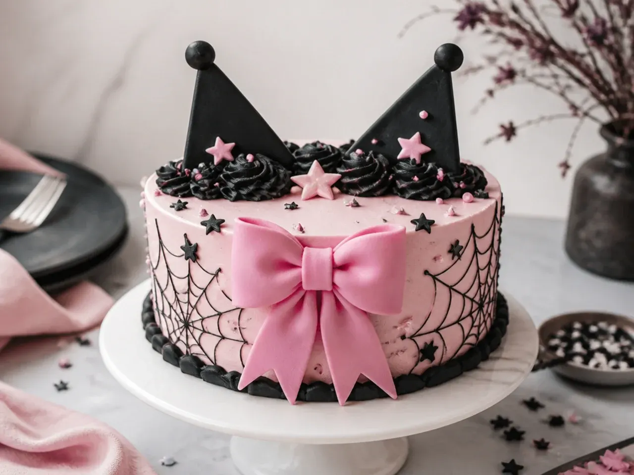 Black cocoa Kuromi-inspired cake with pale pink buttercream and large pink bow