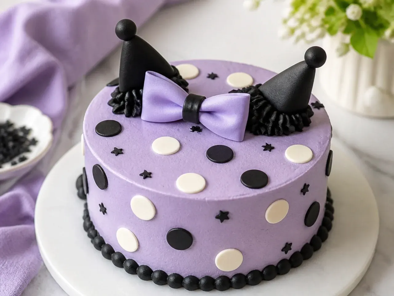 Simple Kuromi cake idea with black and white polka dots on lilac buttercream