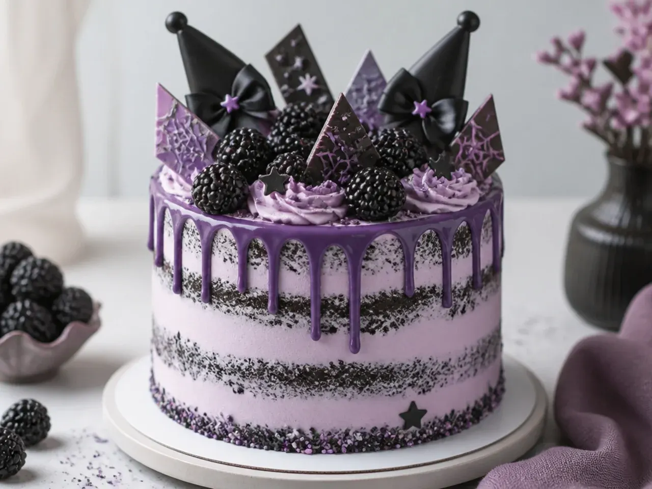 Rustic semi-naked Kuromi-inspired cake topped with fresh blackberries and chocolate shards
