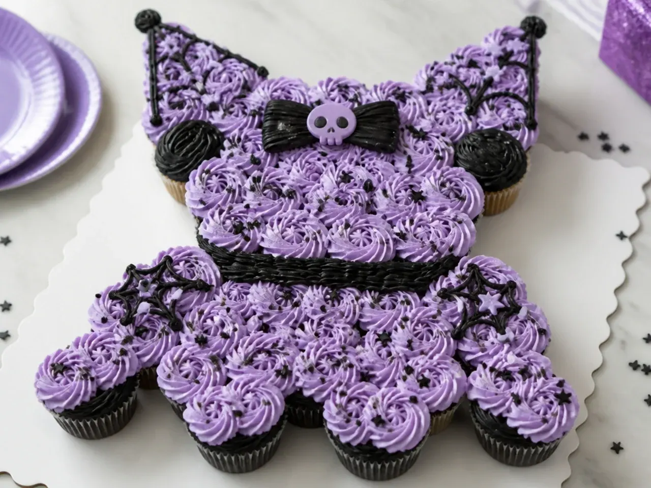 Pull-apart cupcake Kuromi cake with lilac frosting and black piped details