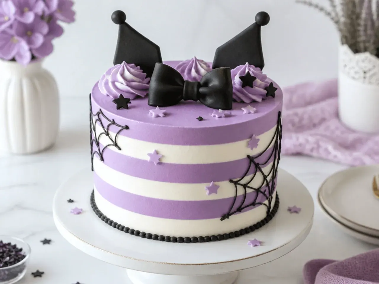 Modern striped easy Kuromi cake with lilac and white buttercream stripes and black bow