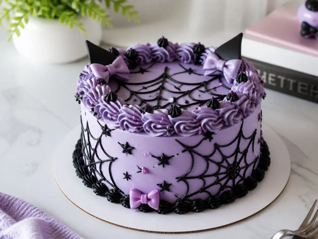 Halloween Kuromi-inspired cake with black web pattern piped on lilac buttercream