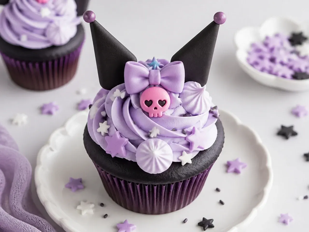 Kuromi-themed cupcakes topped with pale lilac meringue clouds and star sprinkles