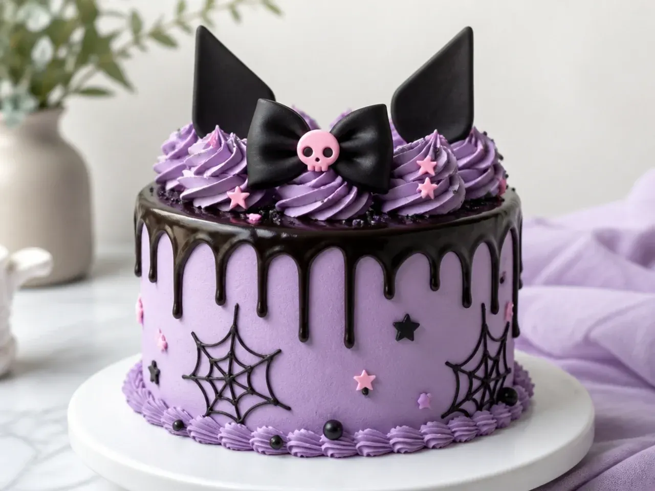 Bold easy Kuromi cake with black ganache drip over lavender buttercream