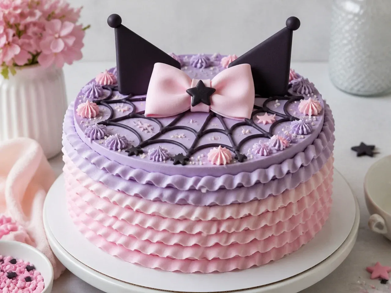 Delicate Kuromi-inspired ruffle cake with pink and lilac petal piping