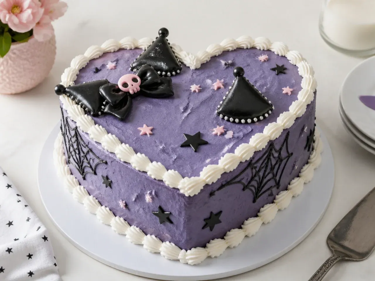 Vintage heart-shaped Kuromi cake with deep violet frosting and white shell piping