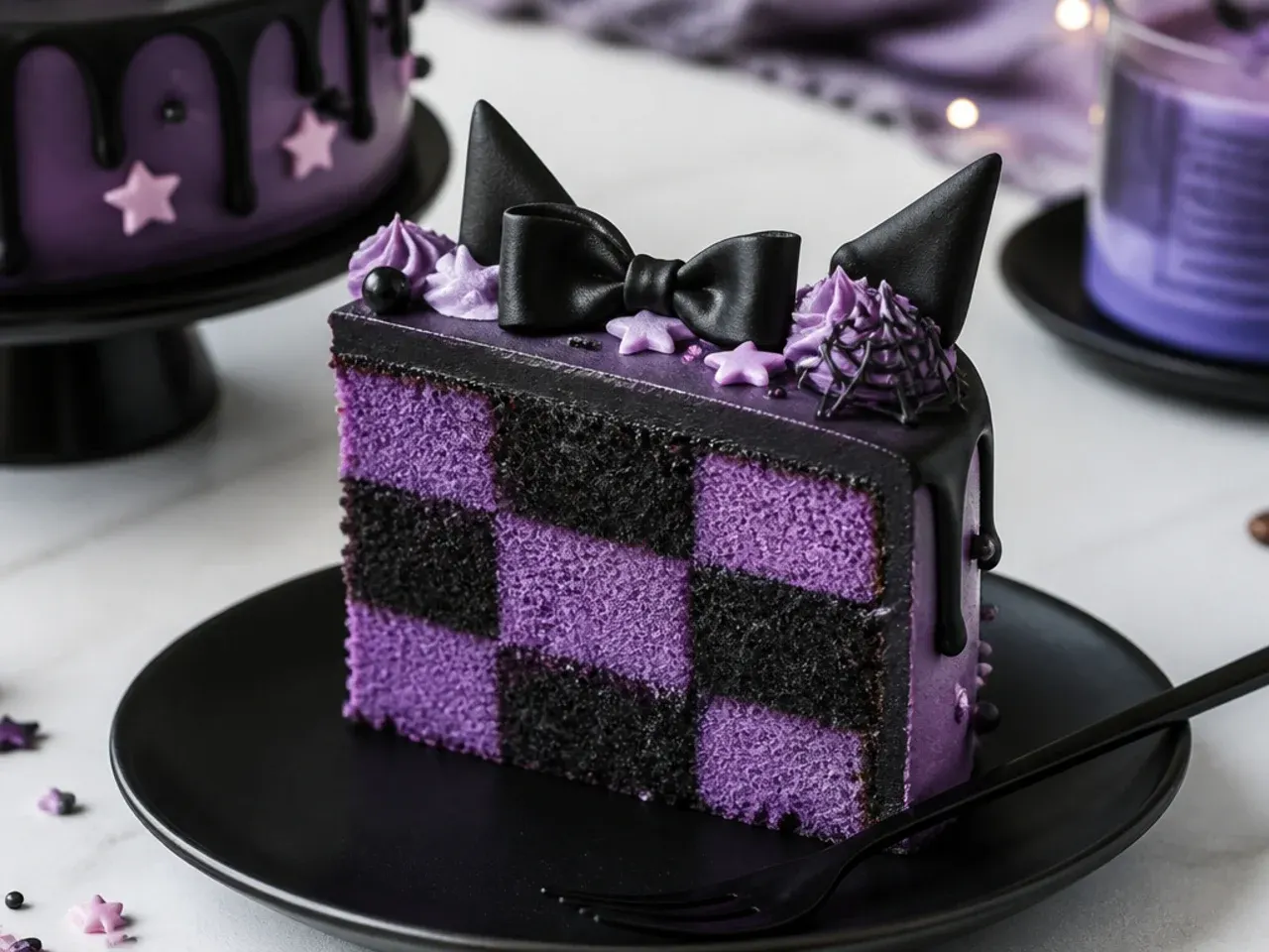 Checkerboard Kuromi-inspired cake slice showing purple and black squares inside