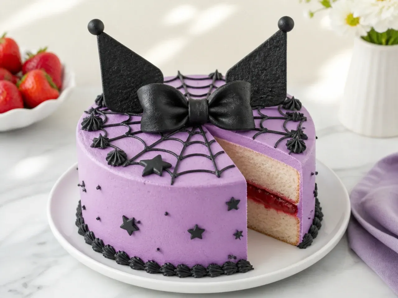 Charming easy Kuromi cake with strawberry jam filling and piped black bow on top