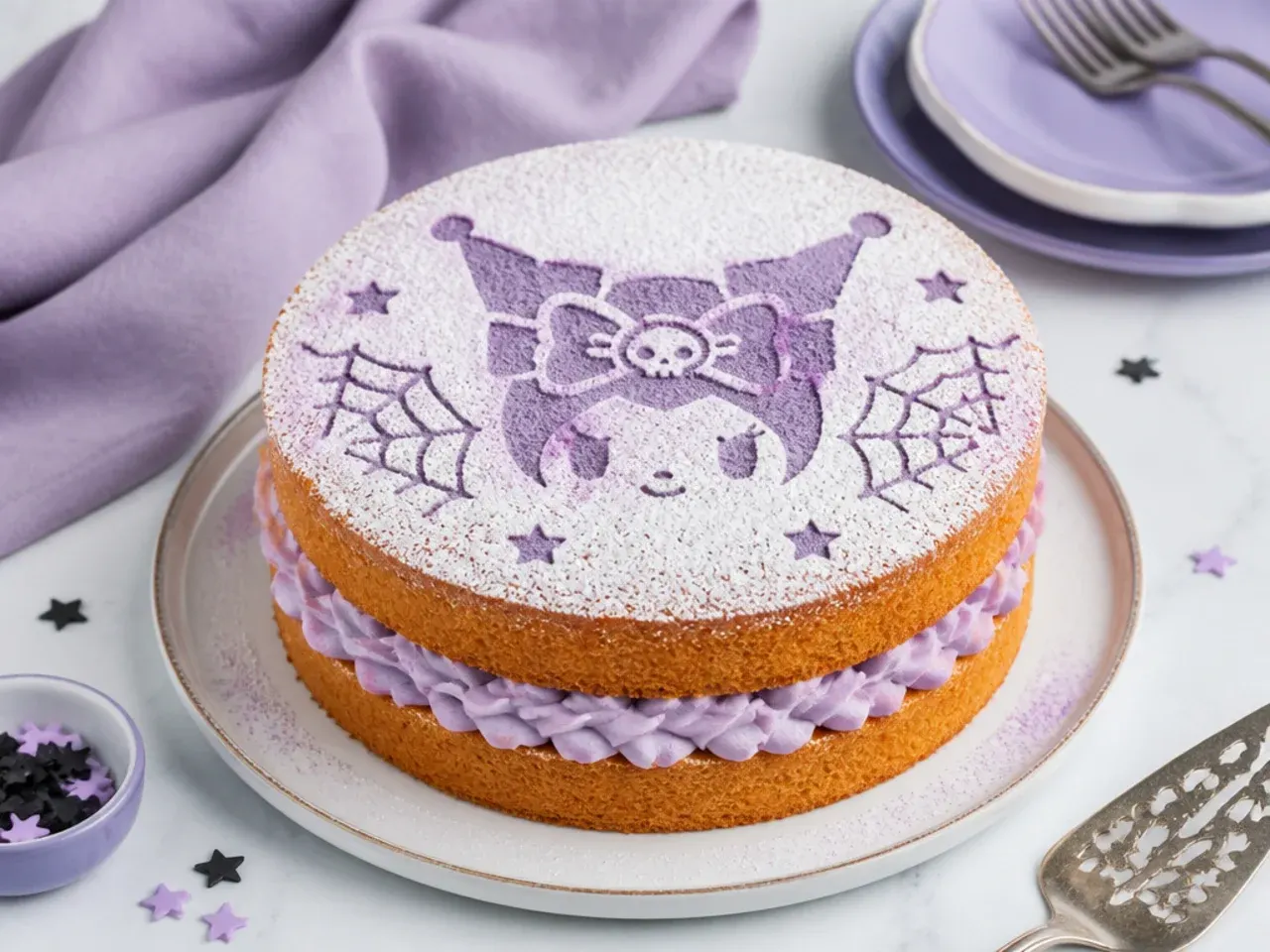 Victoria sponge Kuromi-themed cake with lilac whipped cream filling and icing sugar stencil