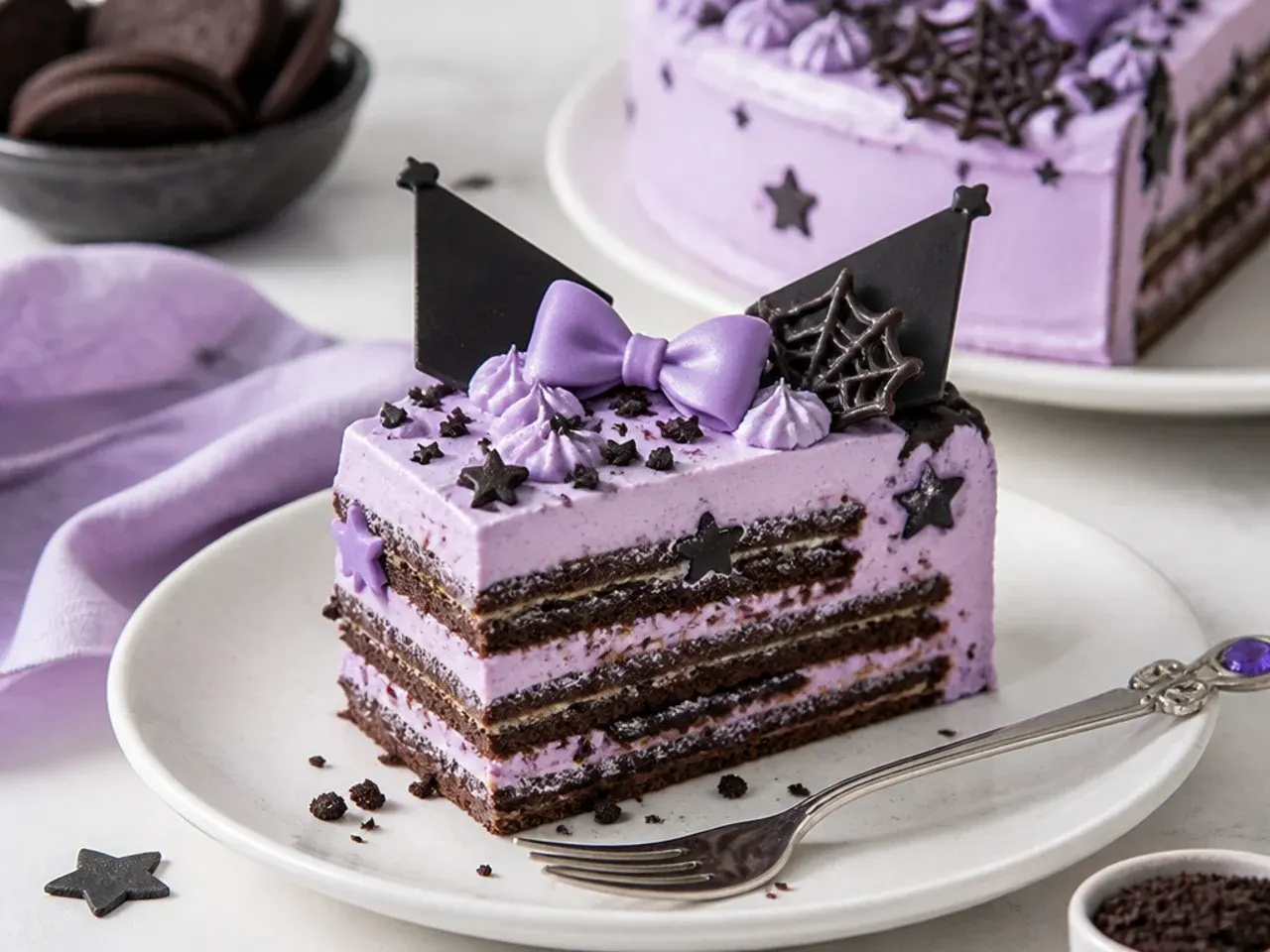 No-bake Kuromi icebox cake with lilac whipped cream and chocolate biscuit layers