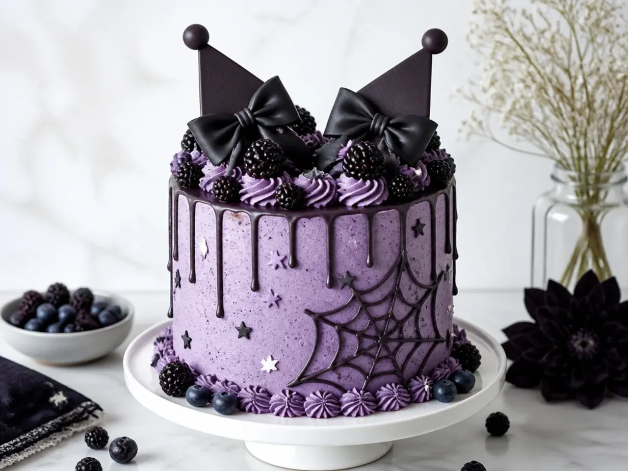 Elegant Kuromi-inspired cake frosted with blackberry mascarpone cream and fresh berries