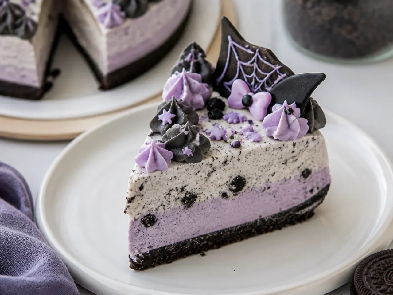 No-churn Kuromi ice cream cake slices in purple and cookies-and-cream layers
