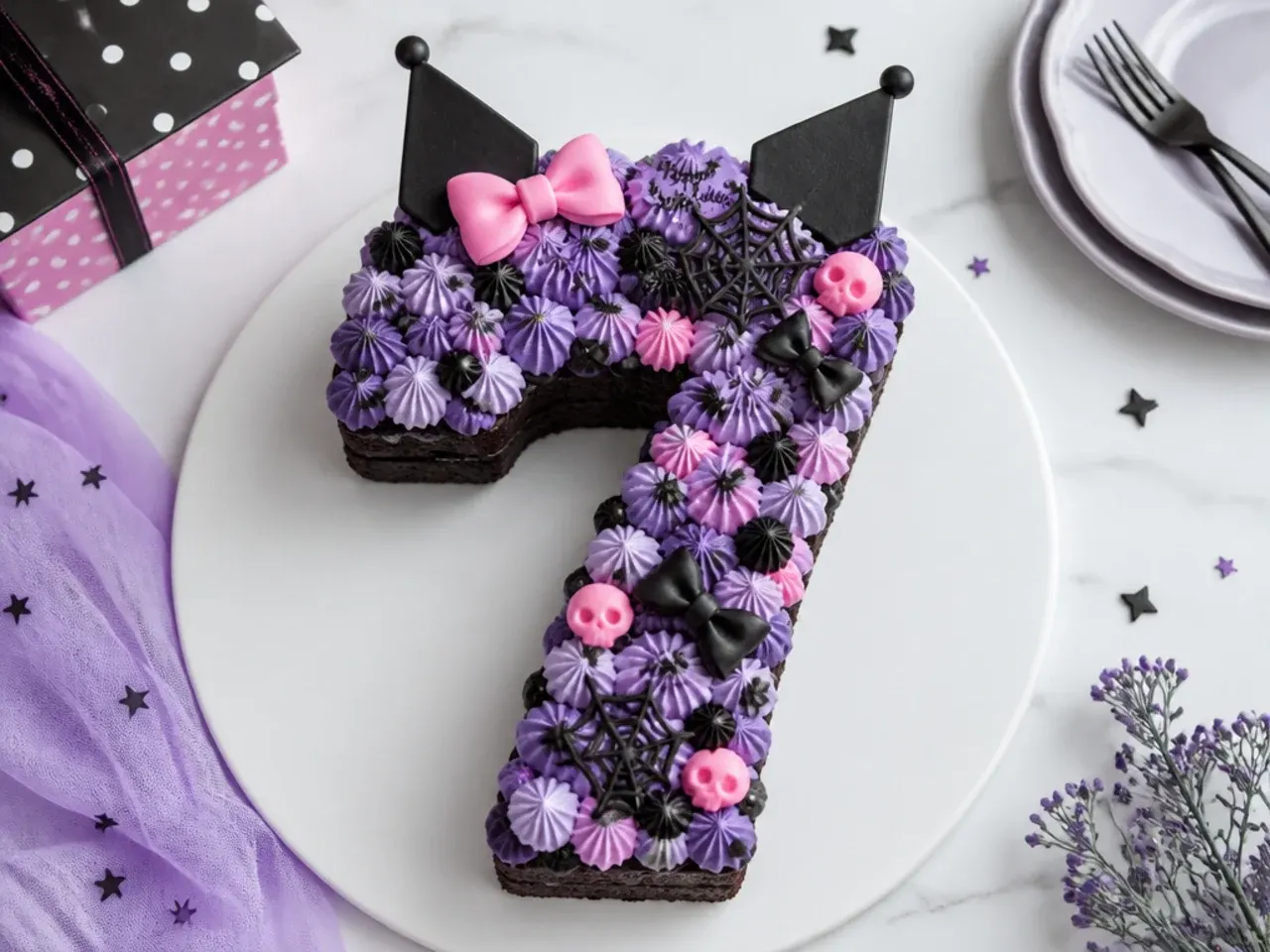Number-shaped easy Kuromi birthday cake with piped frosting blobs and candy toppers