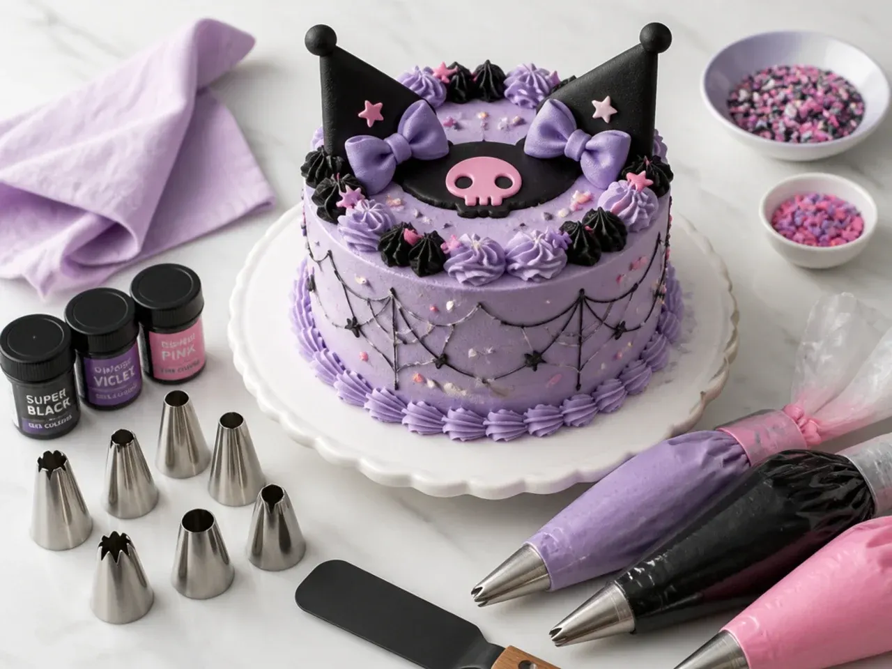 Baking tools, piping tips and gel colours for making an easy Kuromi cake at home