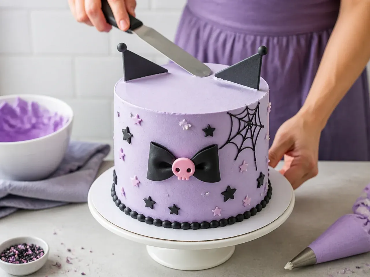 Home baker frosting a Kuromi-inspired cake with smooth lilac buttercream
