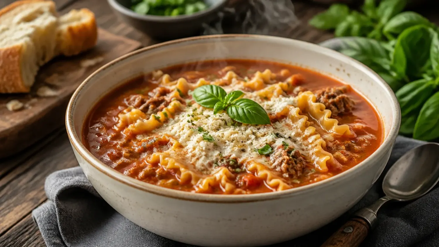 A bowl of easy lasagna soup topped with a dollop of ricotta, melted mozzarella and torn basil, with garlic bread on the side