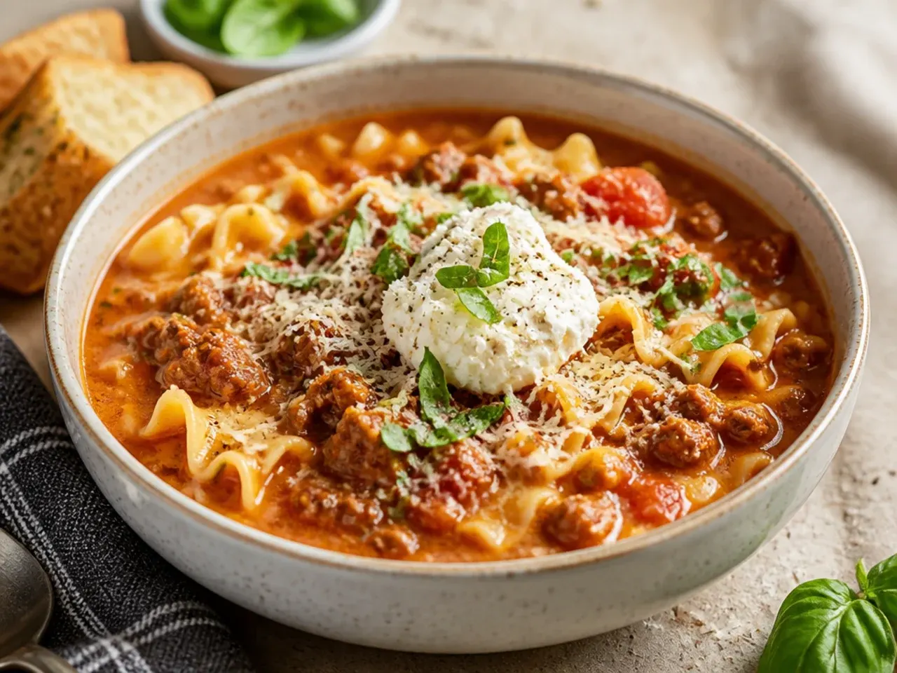 Overhead shot of a pot of easy lasagna soup simmering with tomato sauce and broken pasta
