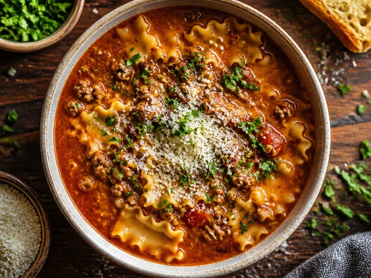 Classic beef and sausage lasagna soup in a bowl topped with ricotta
