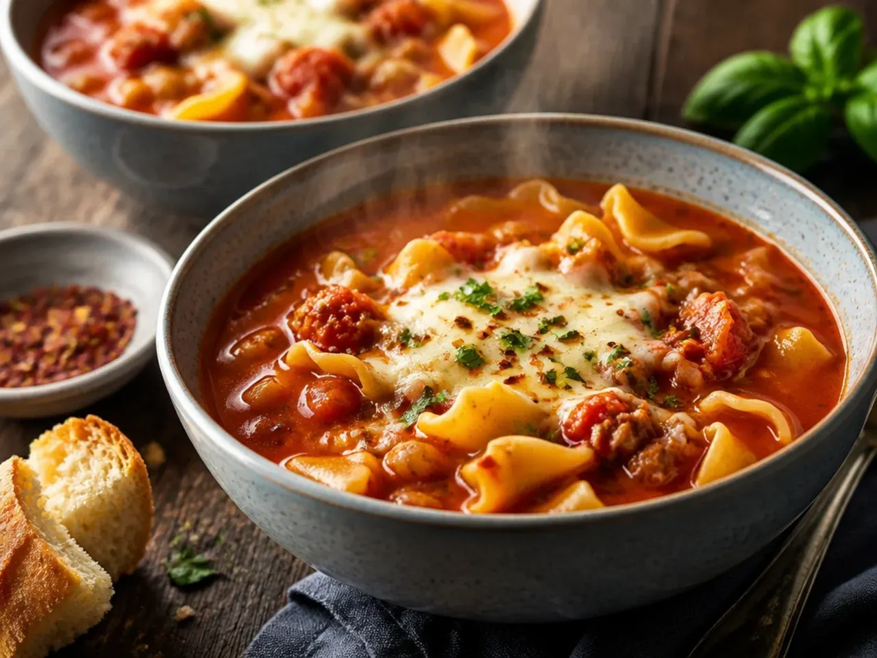 Quick weeknight lasagna soup ladled into a bowl next to a timer