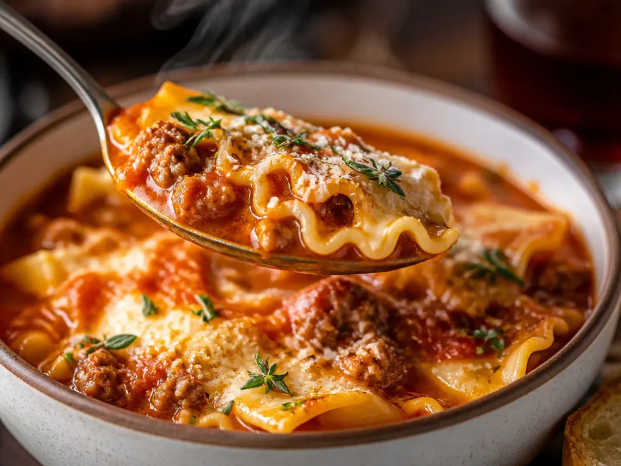 Slow cooker filled with lasagna soup base before the noodles are added