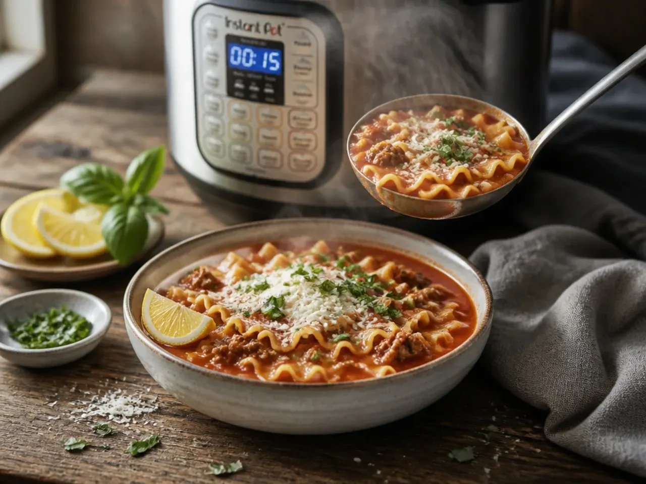 Instant Pot lasagna soup being stirred after pressure cooking