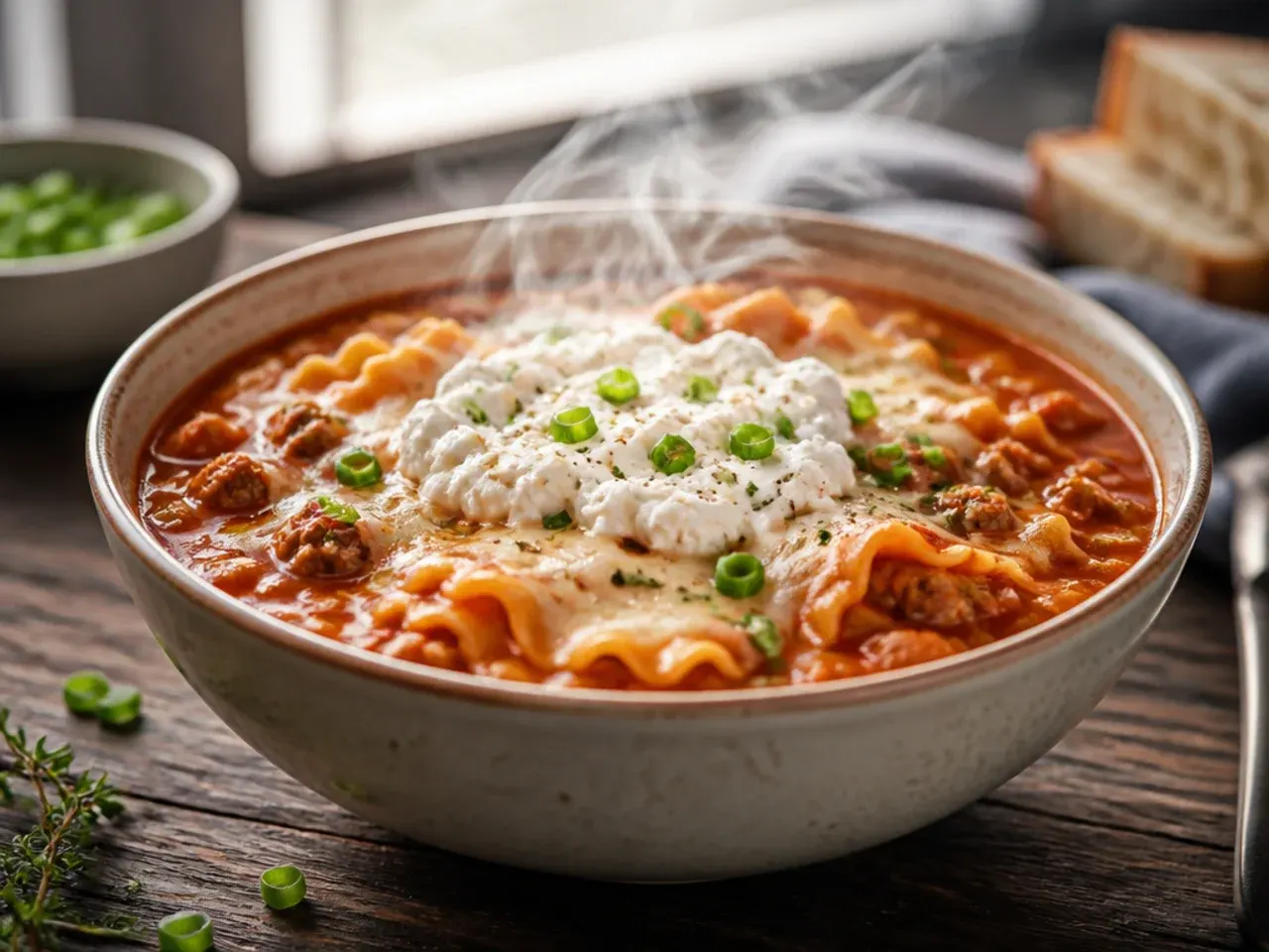 Creamy ricotta swirl melting into a bowl of lasagna soup