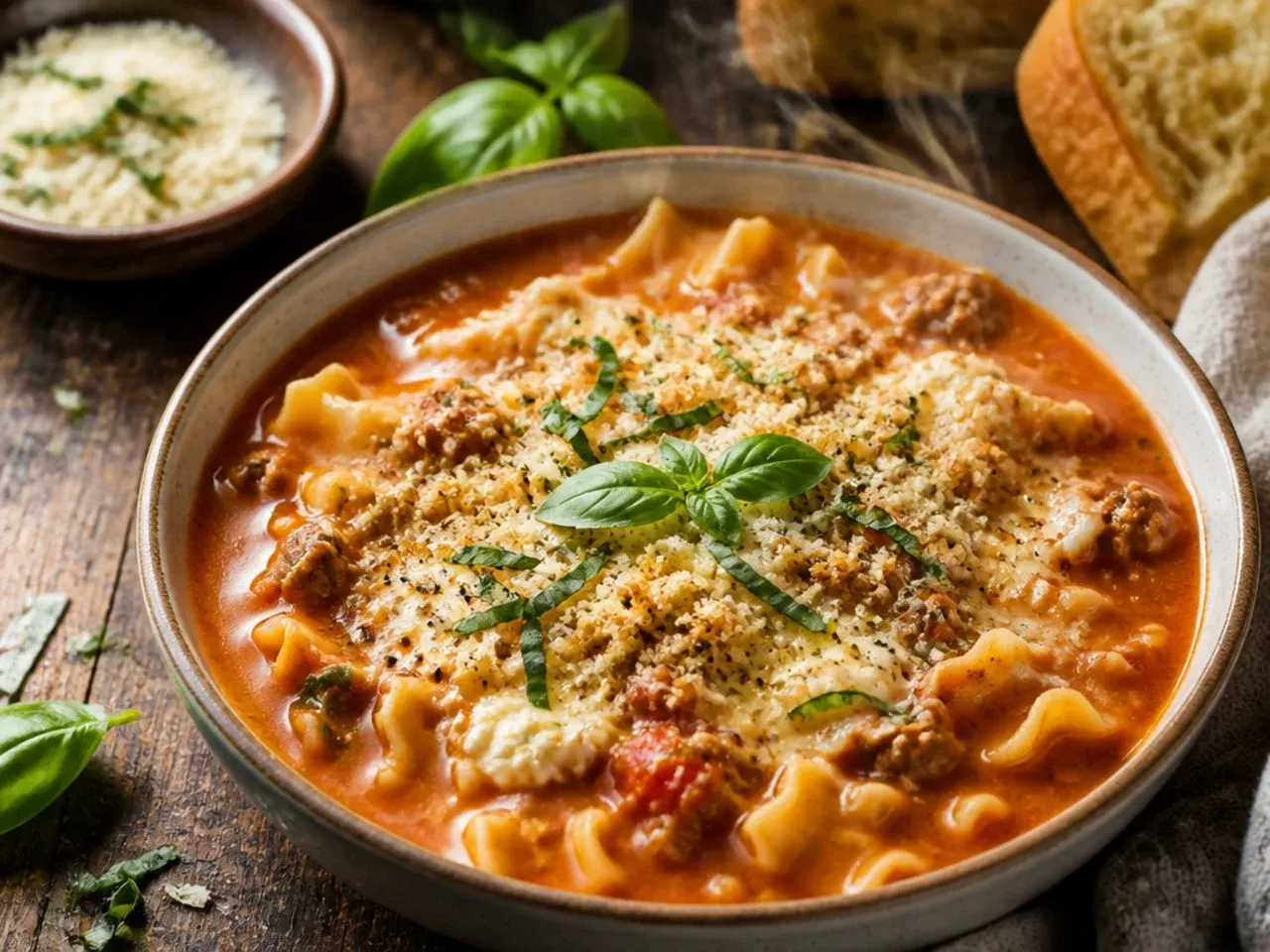 Lighter turkey lasagna soup in a bowl with fresh basil garnish
