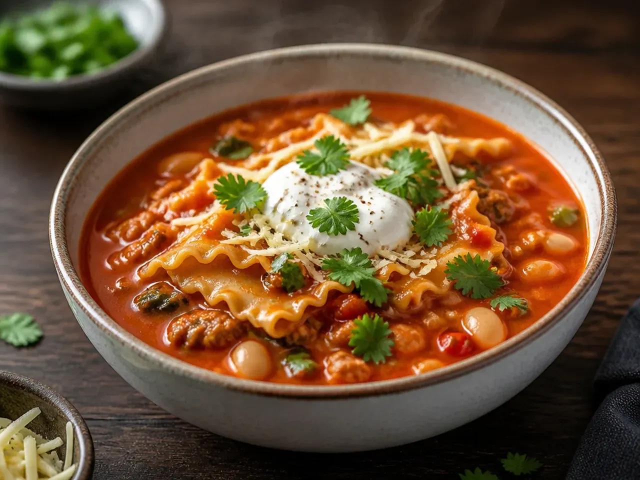 Vegetarian lasagna soup with mushrooms and white beans