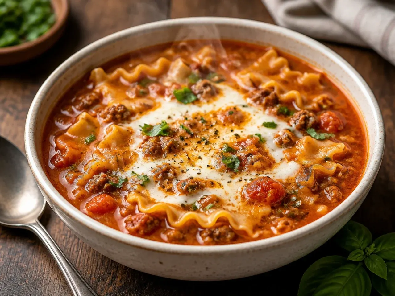 Spicy lasagna soup with red chilli flakes and hot sausage