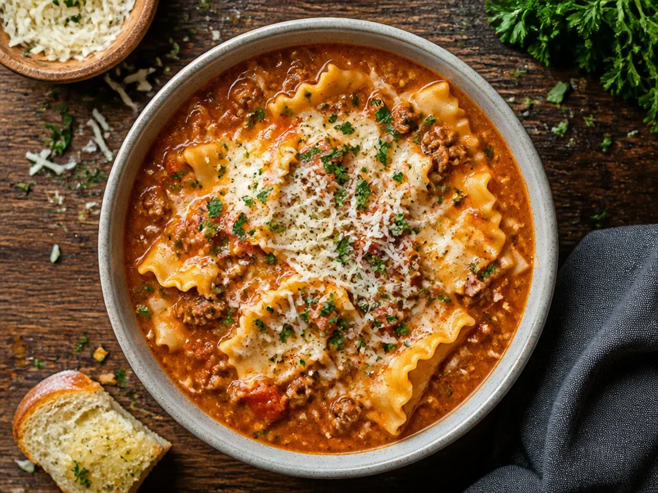 Spoon lifting a cheesy strand of mozzarella from a bowl of lasagna soup
