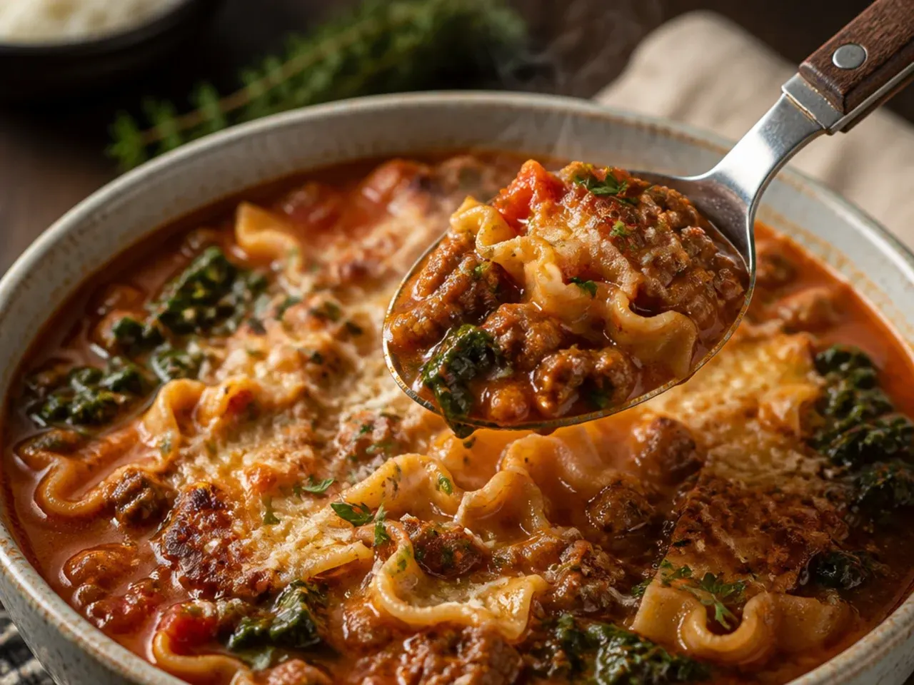 Rustic lasagna soup with wilted kale stirred through the broth