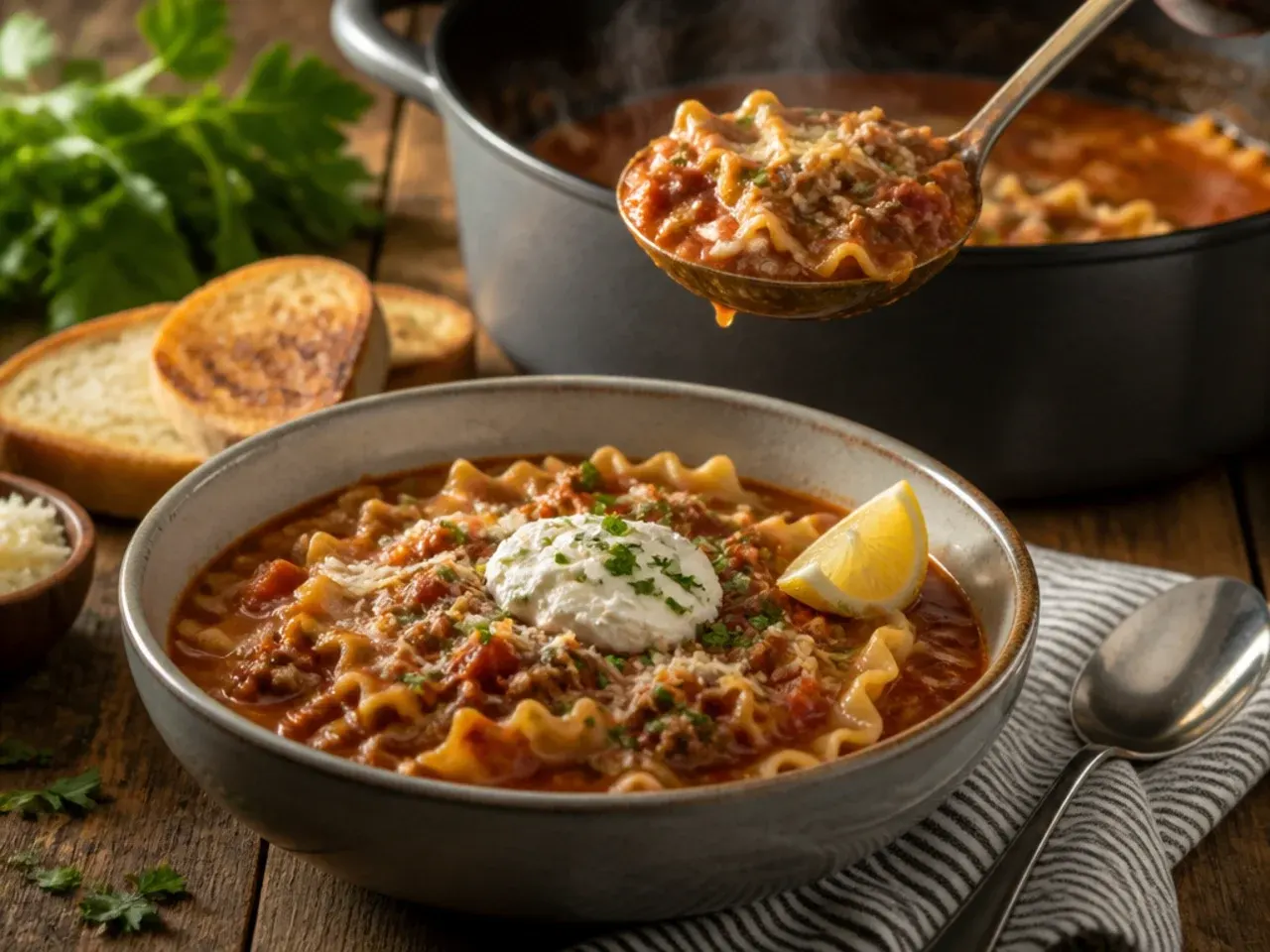 Loaded meat lovers lasagna soup with pepperoni and sausage