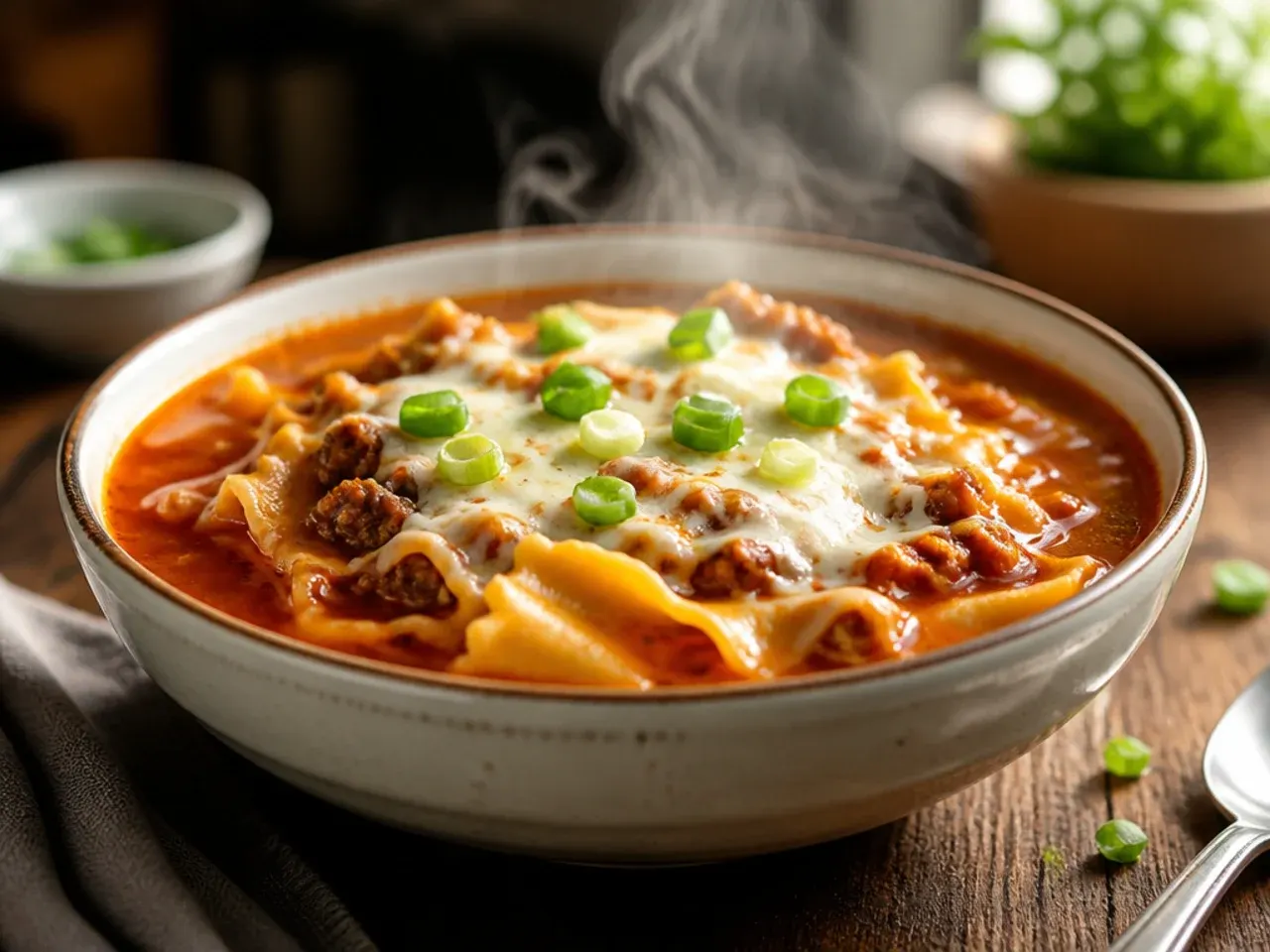 Large stockpot of family-size lasagna soup ready to portion out