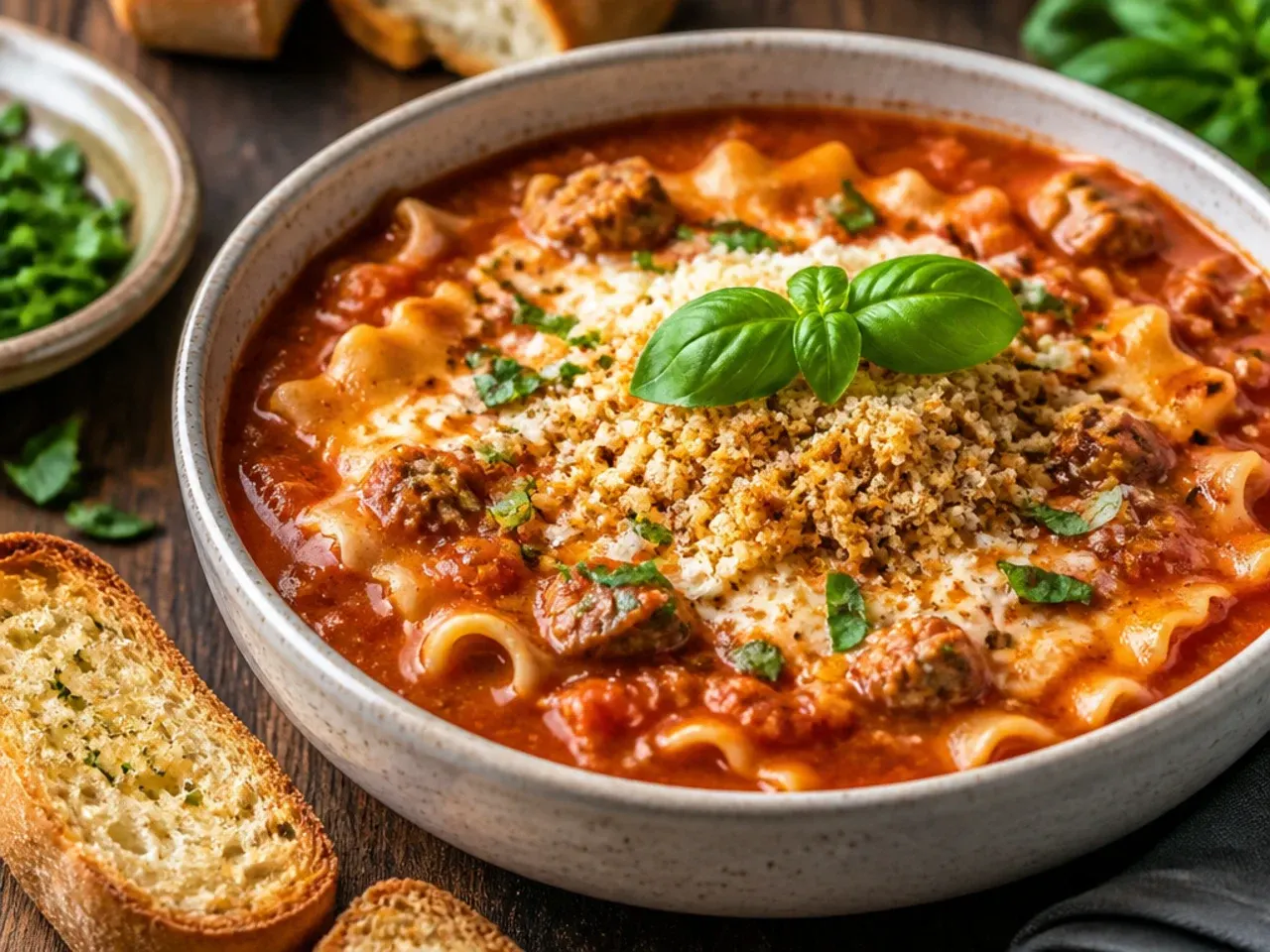 Deep, rich lasagna soup that has simmered for an hour on the stove