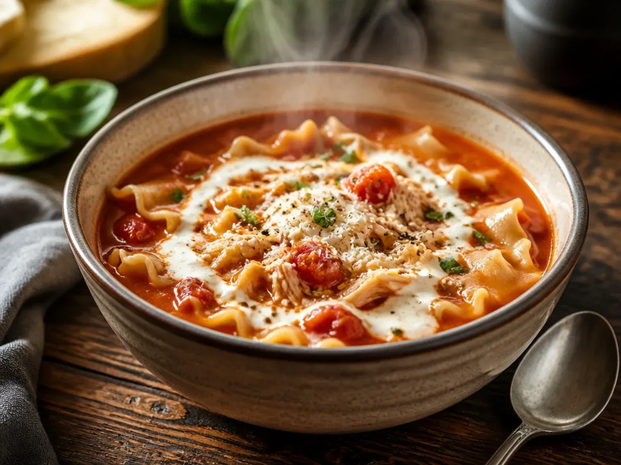 Chicken lasagna soup with shredded chicken thigh and herbs