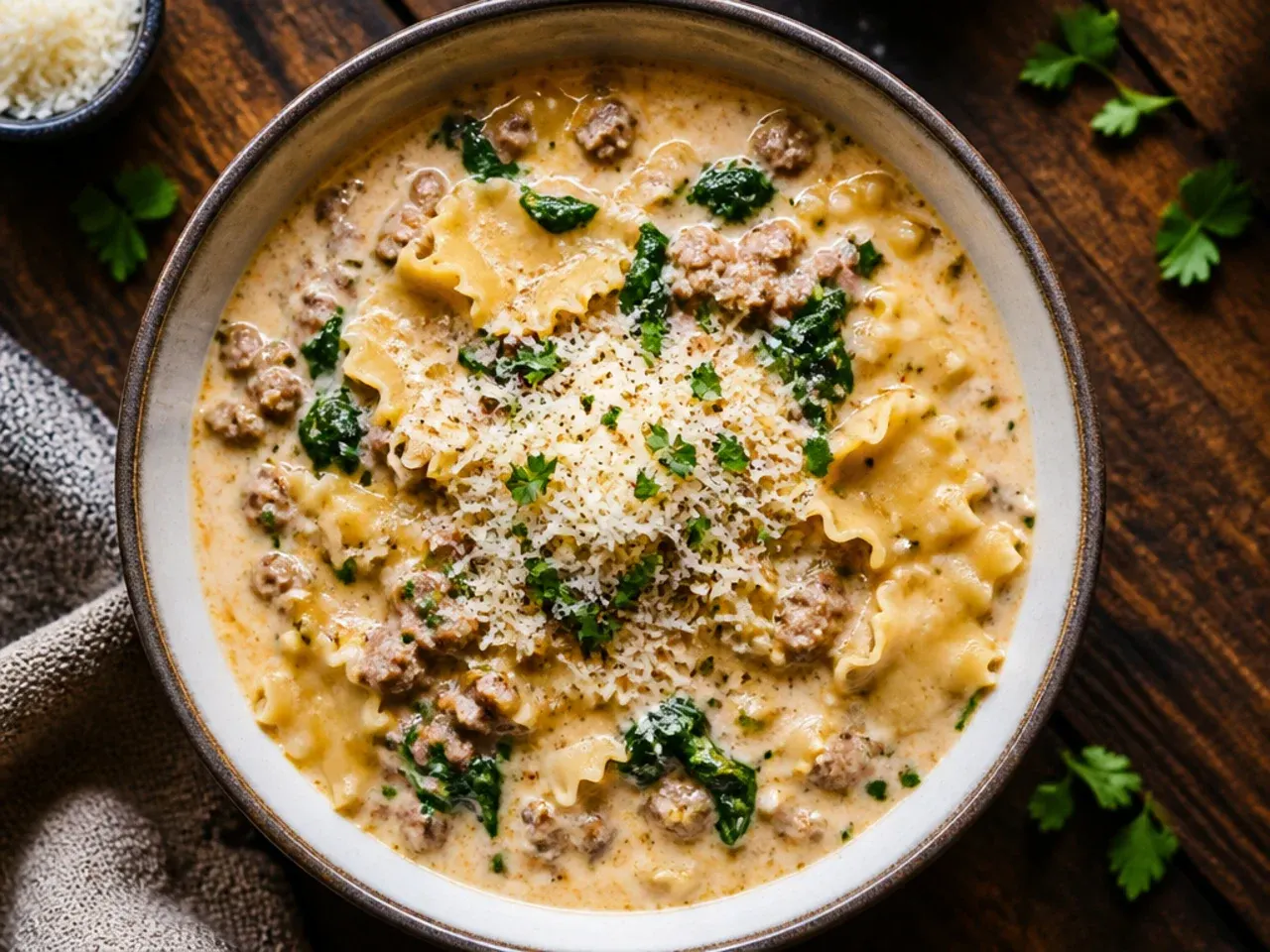 Creamy white lasagna soup with chicken and spinach