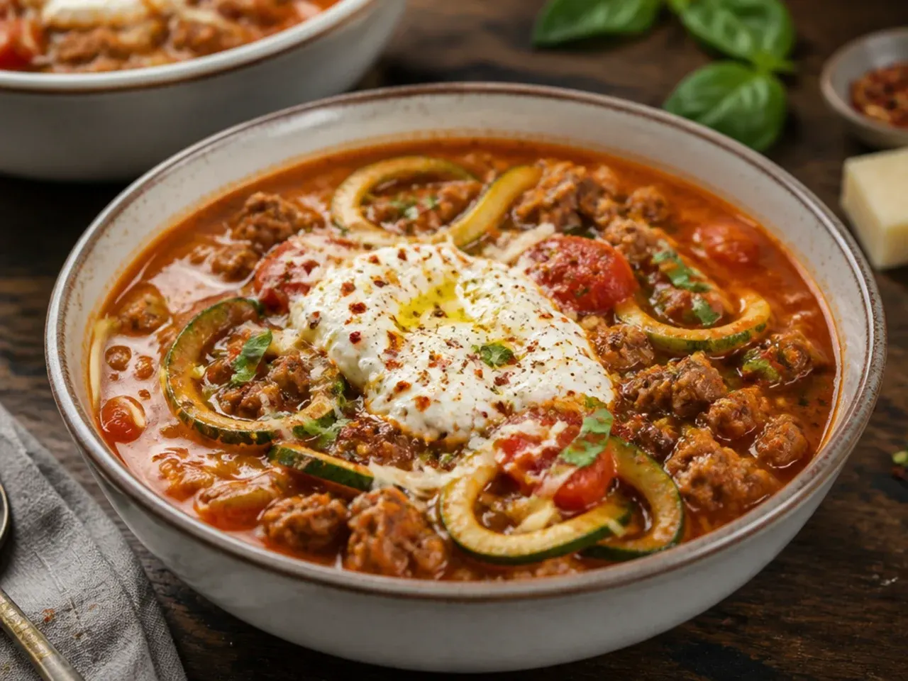 Low-carb lasagna soup with spiralised courgette noodles