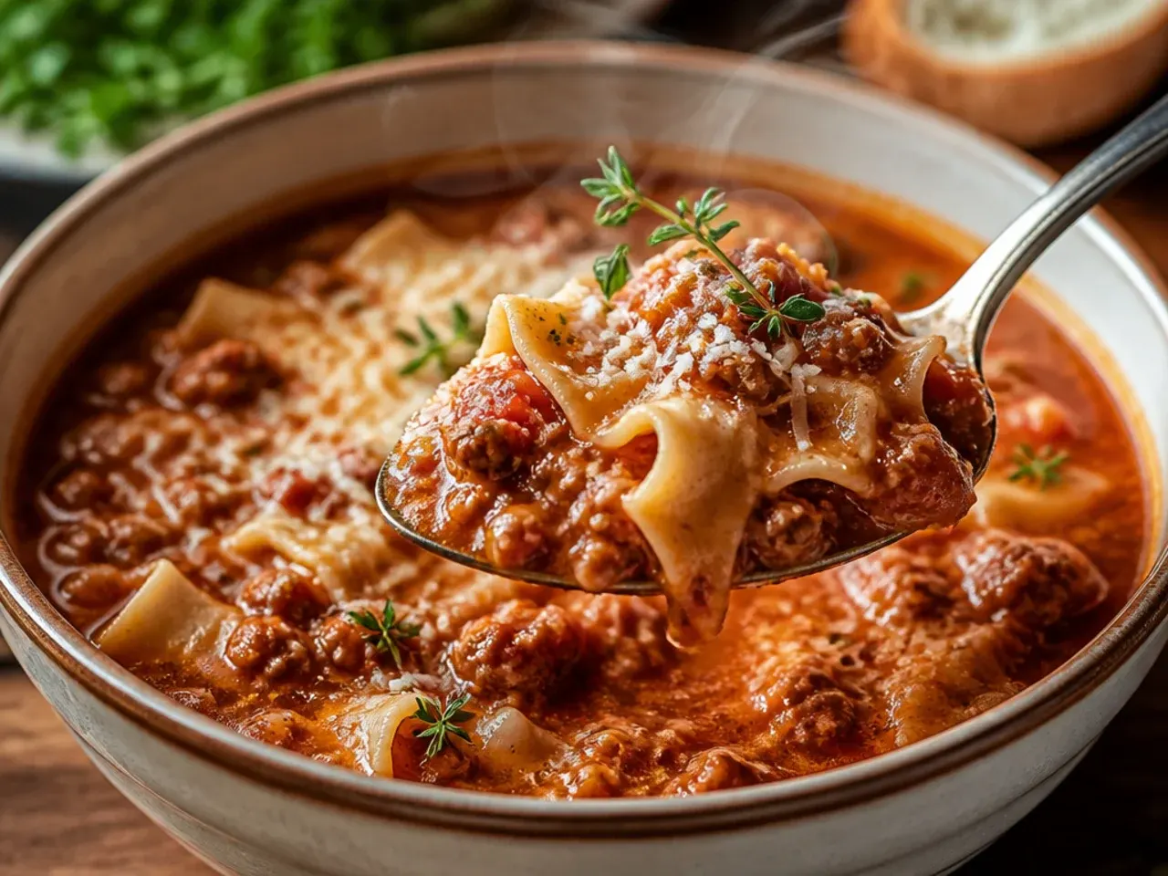 Gluten-free lasagna soup with rice pasta in a bowl