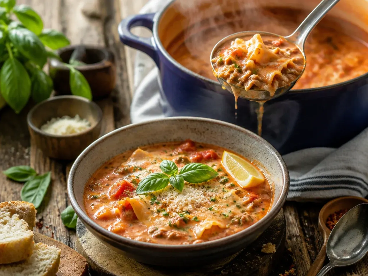 Creamy tomato basil lasagna soup with fresh torn basil on top
