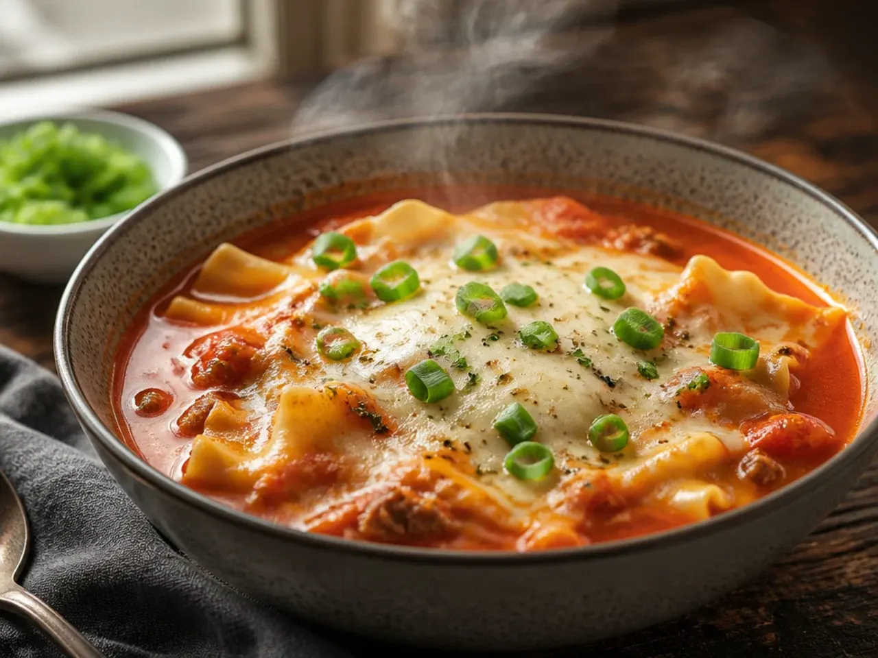 Simple five-ingredient lasagna soup with minimal chopped extras