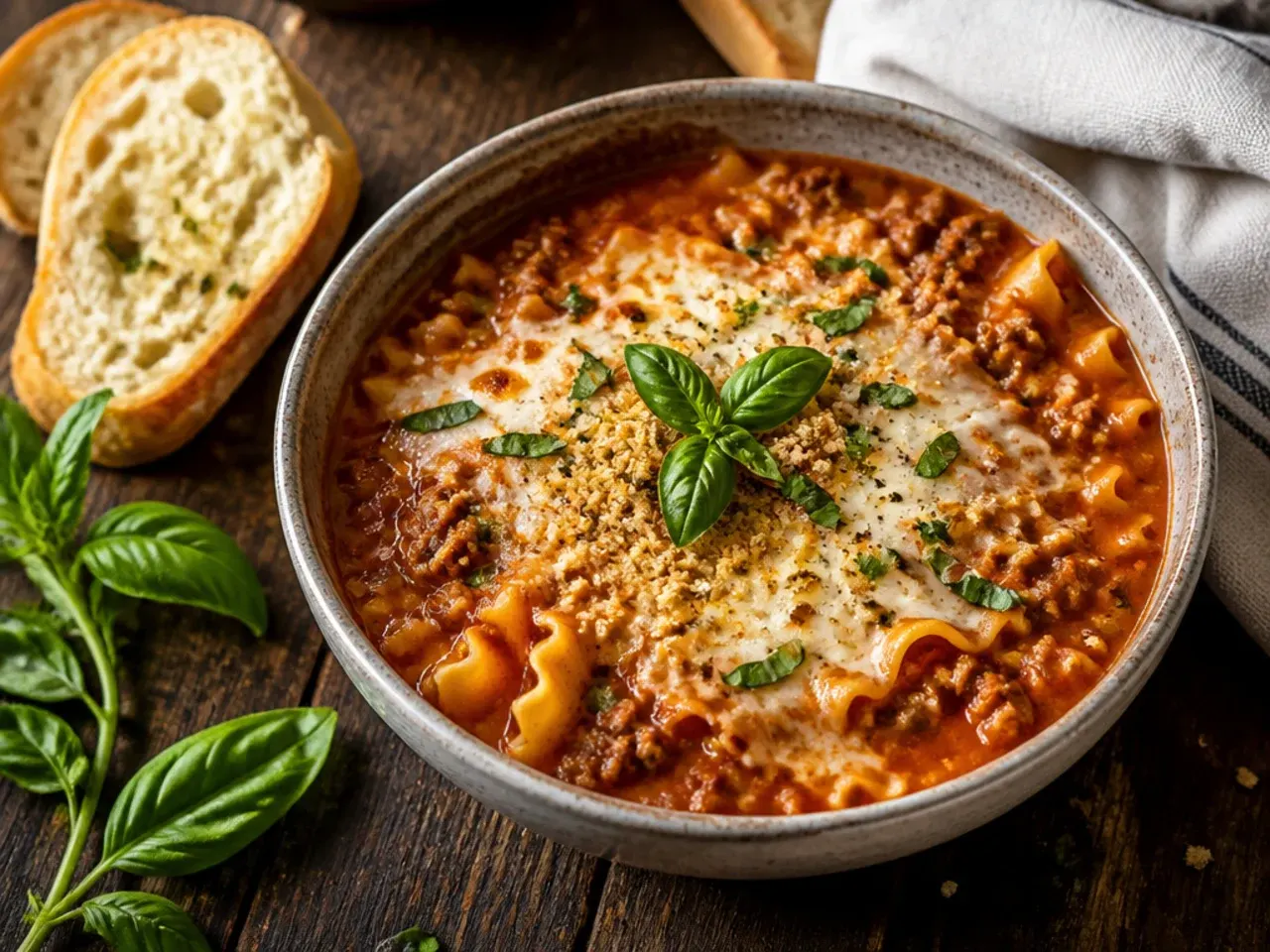 Bowl of lasagna soup with a bubbling, browned cheese top under the grill