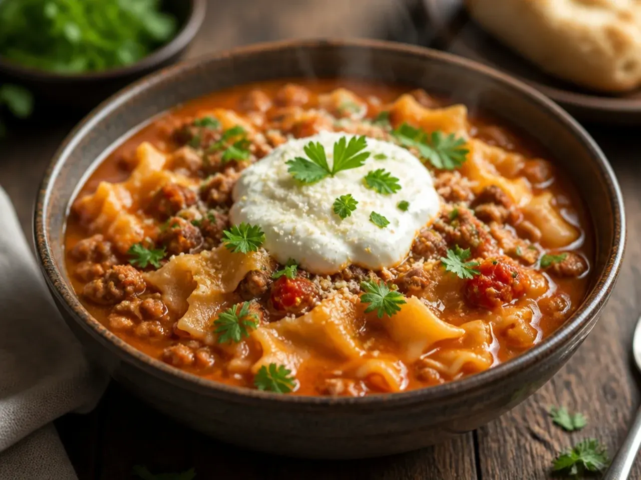 Sunday lasagna soup simmering slowly with carrot and celery