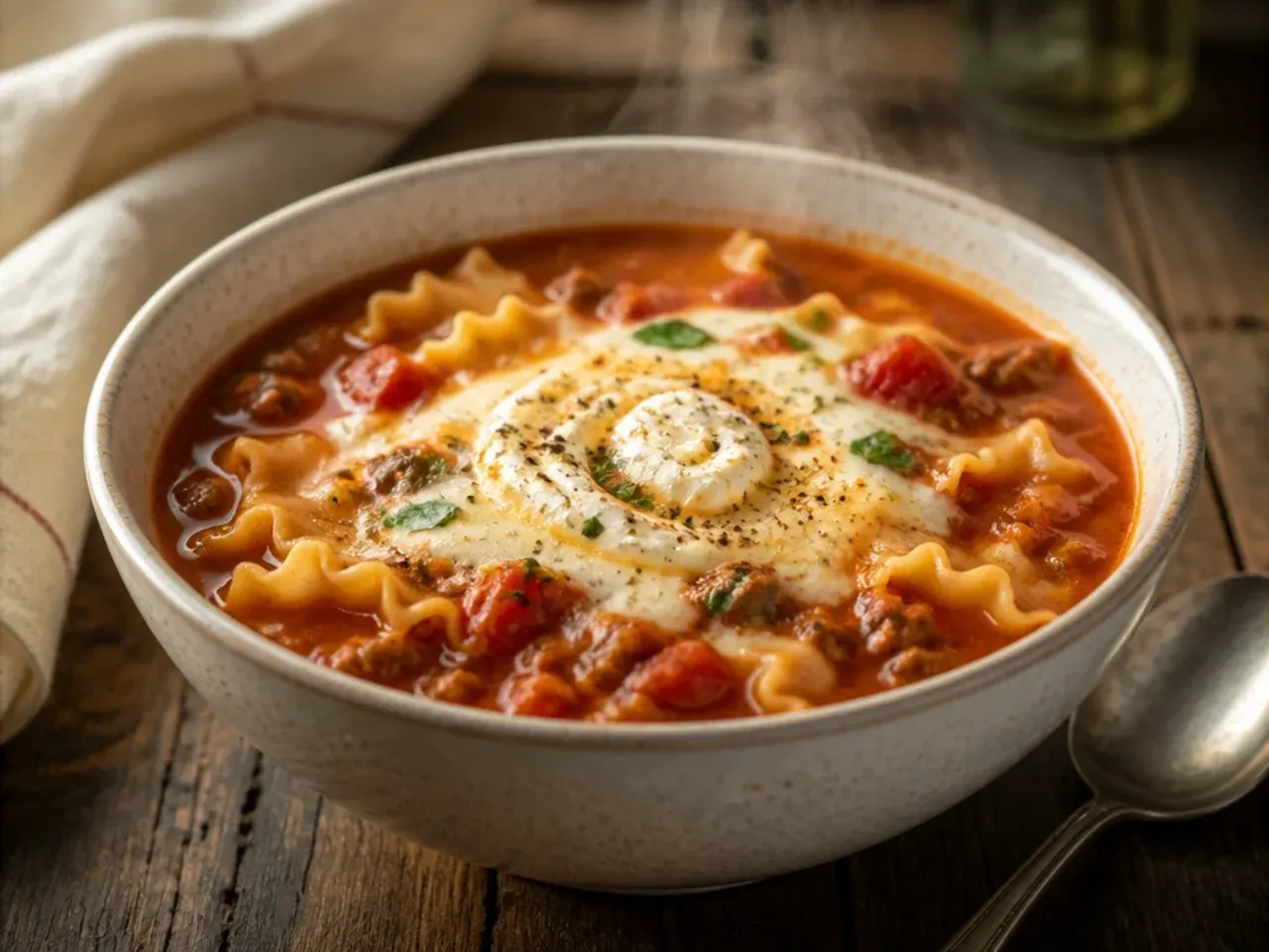 Long-life pantry lasagna soup made entirely from tinned and dried ingredients