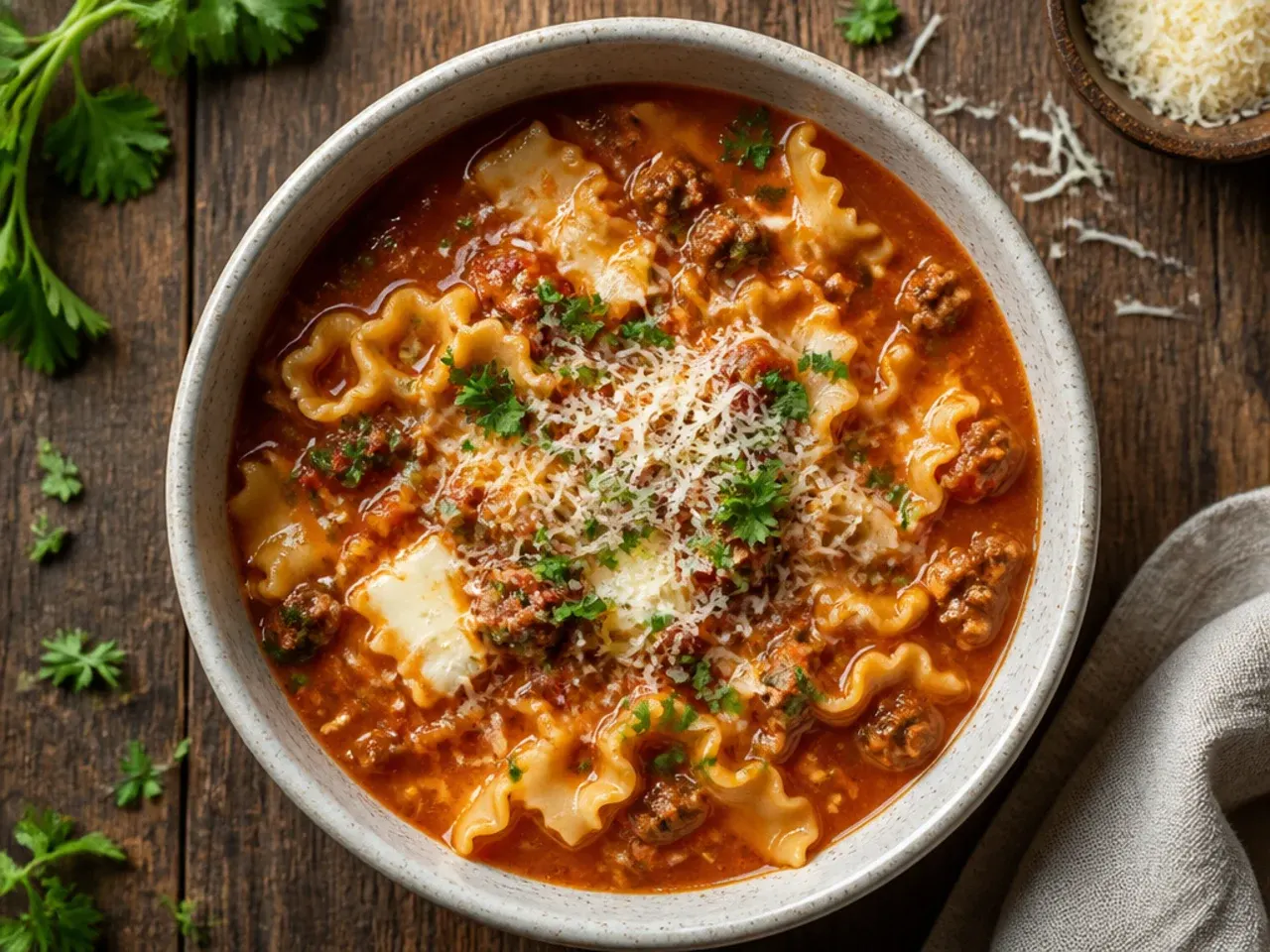 Freezer containers of lasagna soup base ready to portion and freeze