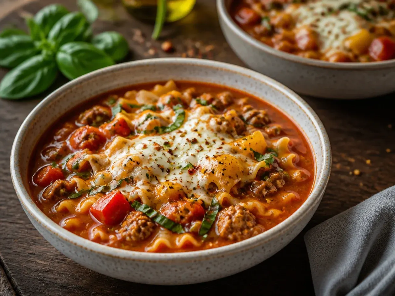 Rustic lasagna soup with roasted red peppers stirred through