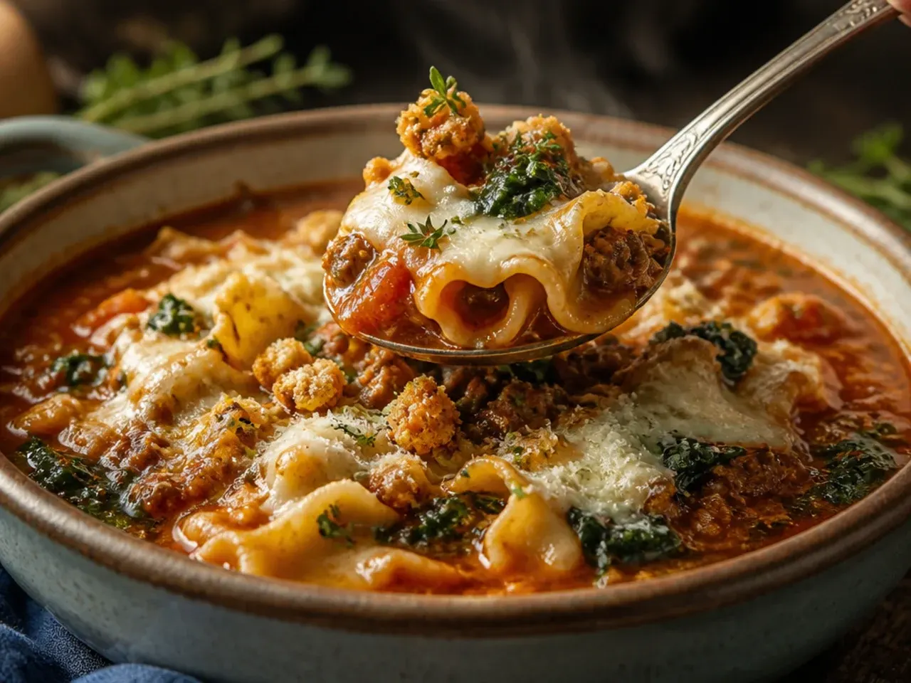 Loaded lasagna soup with mushrooms and wilted spinach