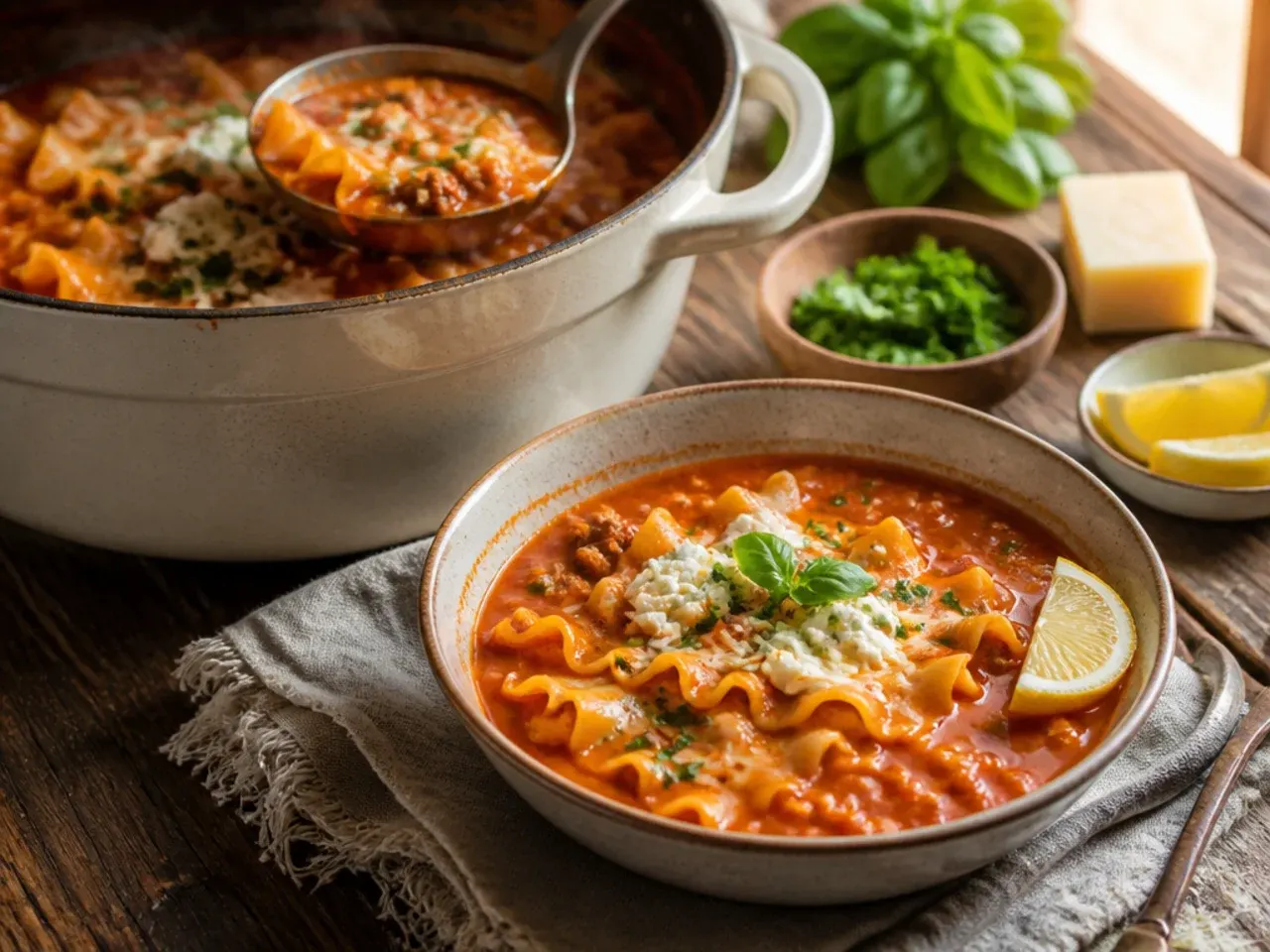 Kid-friendly mild lasagna soup in a small bowl with cheese on the side